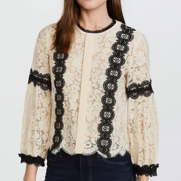 Alexis floral Lace Blouse White black button Romantic Chic Designer formal Larg - Picture 1 of 12